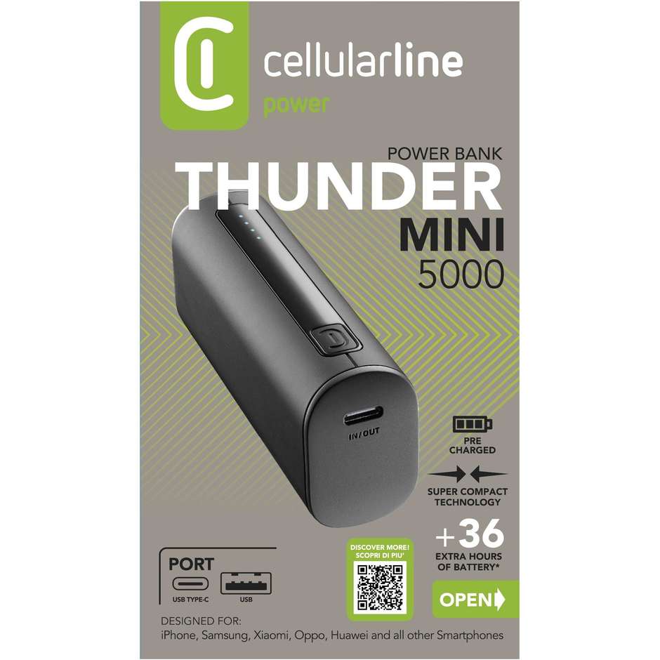 Cellularline Thunder Power Bank 5000 mAh Caricabatterie Portatile Extra Compatto Nero