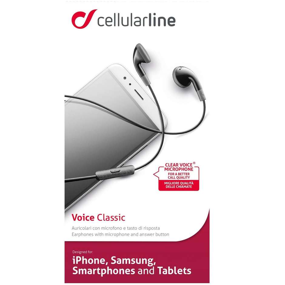 Cellularline Voice Classic Auricolari Stereo con Cavo Jack 3.5mm Microfono e Tasto Risposta Bianco