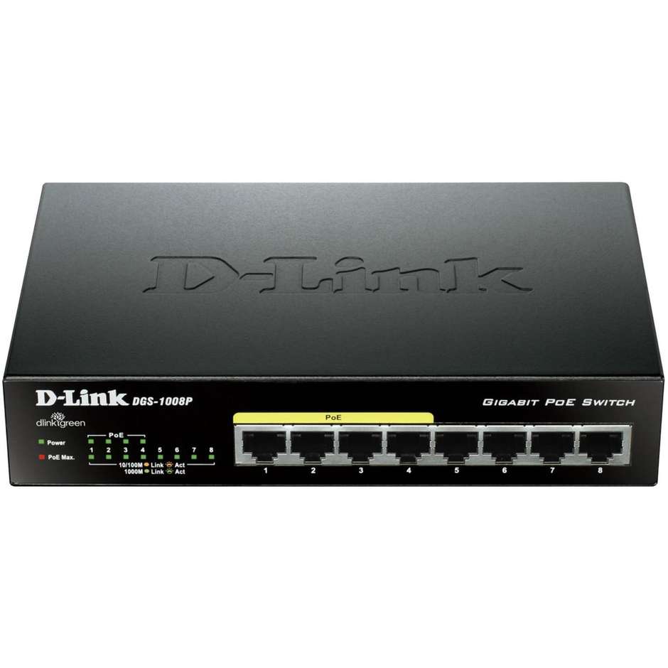 D-LINK DGS-1008P switch desktop 8porte LAN 10/100/1000Mbps colore nero
