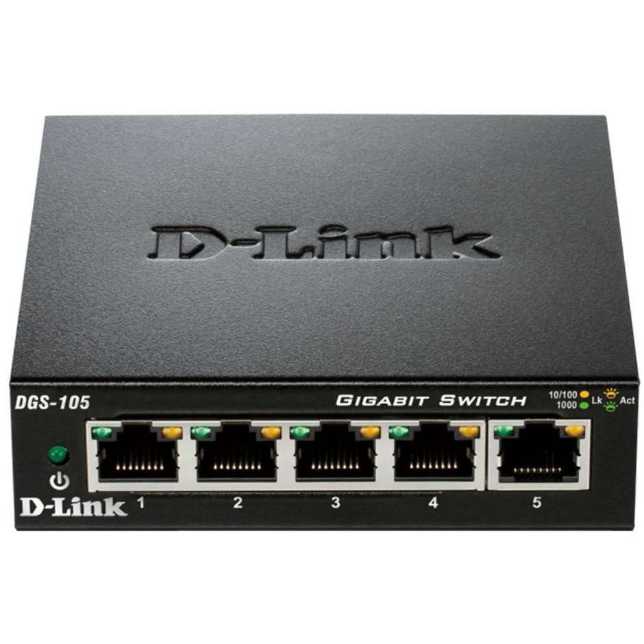 D-Link DGS-105 Switch Desktop 5 Porte Gigabit Ethernet 10/100/1000Mbps Chassis Metallico Fanless con QoS 802.1p - Grigio/Nero