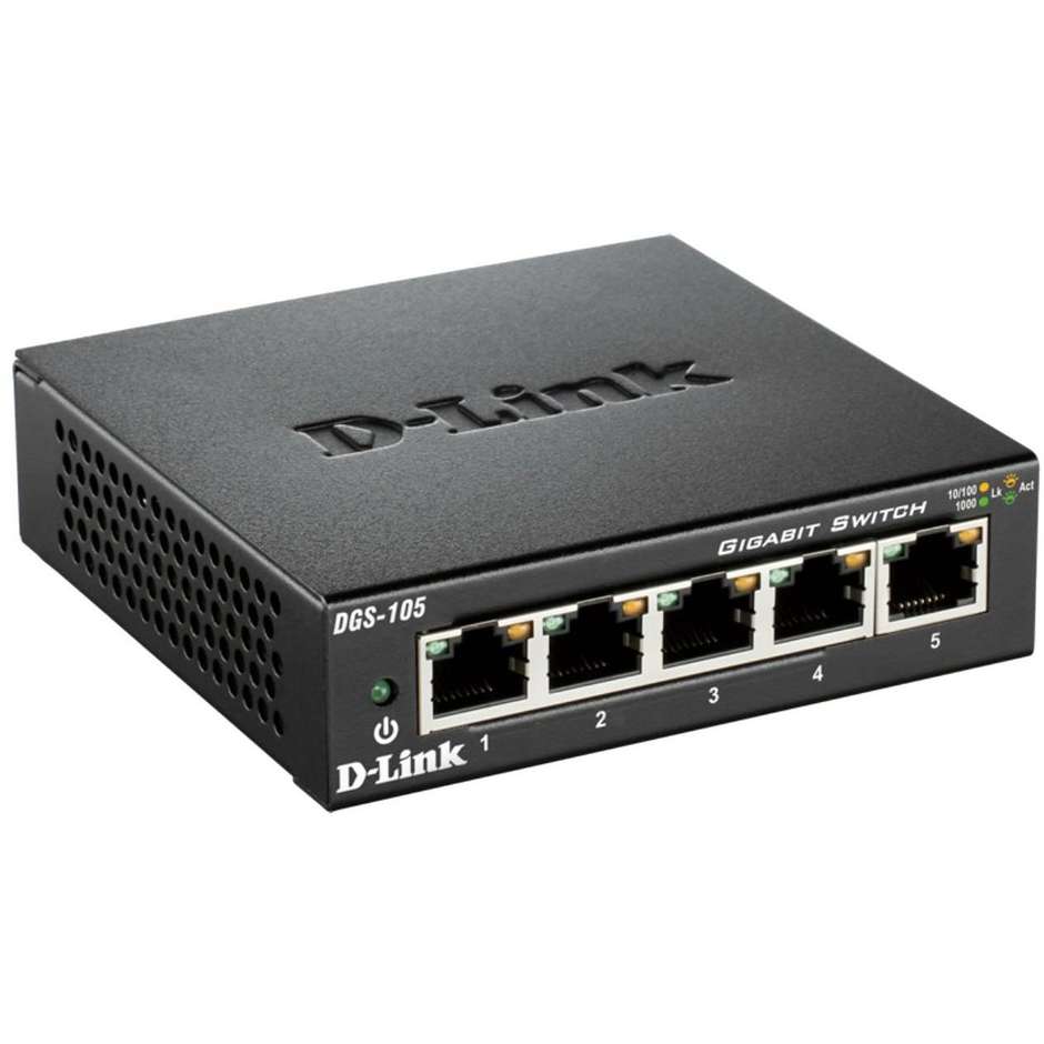 D-Link DGS-105 Switch Desktop 5 Porte Gigabit Ethernet 10/100/1000Mbps Chassis Metallico Fanless con QoS 802.1p - Grigio/Nero
