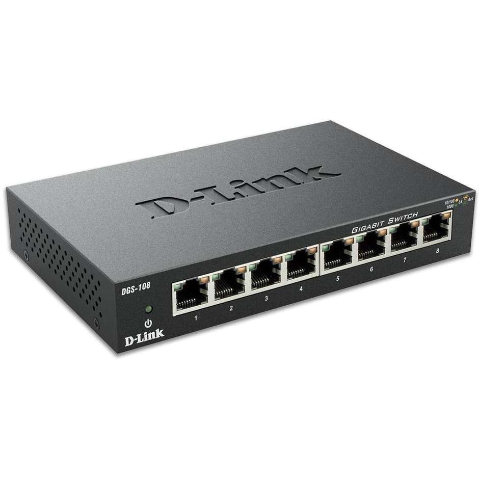 D-Link DGS-108 Switch Desktop 8 Porte Gigabit Ethernet 10/100/1000Mbps Chassis Metallico Fanless con QoS 802.1p - Grigio/Nero