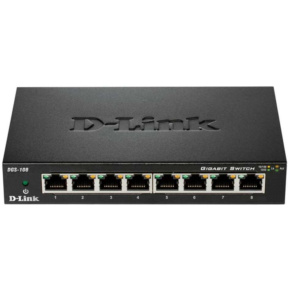 D-Link DGS-108 Switch Desktop 8 Porte Gigabit Ethernet 10/100/1000Mbps Chassis Metallico Fanless con QoS 802.1p - Grigio/Nero