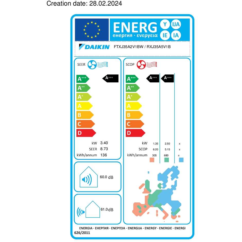 DAIKIN KIT FTXJ35AW Condizionatore Climatizzatore Mono Split Inverter 12000 BTU Classe A Wi-Fi Gas R32