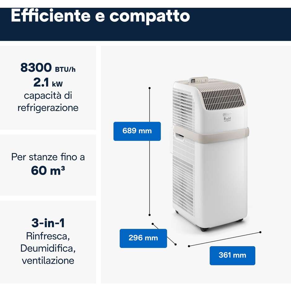De Longhi PACES72CLA Condizionatore portatile monoblocco Adatto per stanze fino a 60 m³ Potenza 808 W Classe A Colore Bianco