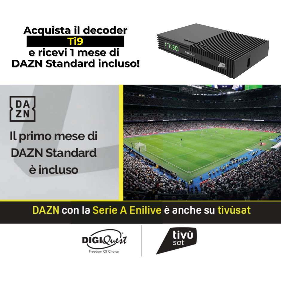 DIGIQUEST Decoder Ti9  DVB-S2 Auto installante Telecomando 2 in 1 HDR Funzione di registrazione attivabile Colore Nero