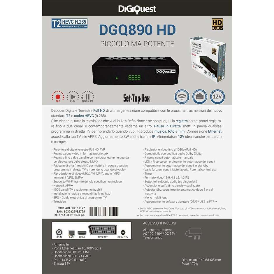 DigiQuest DGQ890 HD decoder digitale terrestre Full HD 1 HDMI 1 USB colore nero