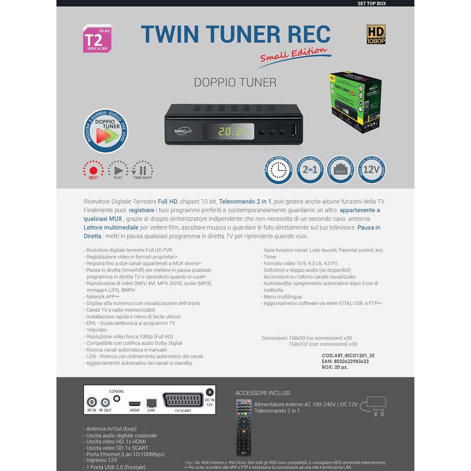 Digiquest Twin Tuner Small Edition Ethernet (RJ-45), Terrestre Full HD Colore Nero