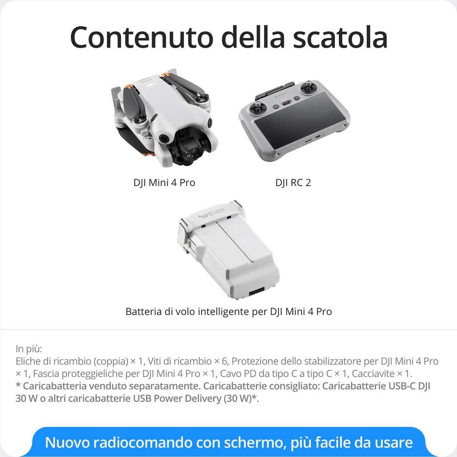 DJI CPMA073201 Mini 4 Pro (RC 2) 4 rotori Quadrirotore 48 MP 3840 x 2160 Pixel 2590 mAh Colore Nero, Bianco