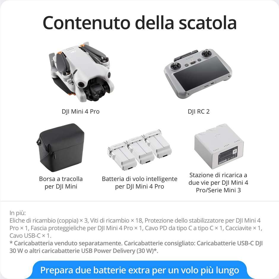 DJI CPMA073501 Mini 4 Pro Fly More Combo (RC 2) 4 rotori Quadrirotore 48 MP 3840 x 2160 Pixel 2590 mAh Colore Nero, Bianco