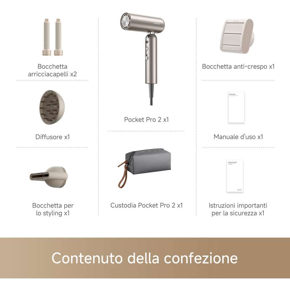 Dreame Pocket Pro 2 DREPOCKETPRO2G Asciugacapelli da Viaggio 1300 W Oro