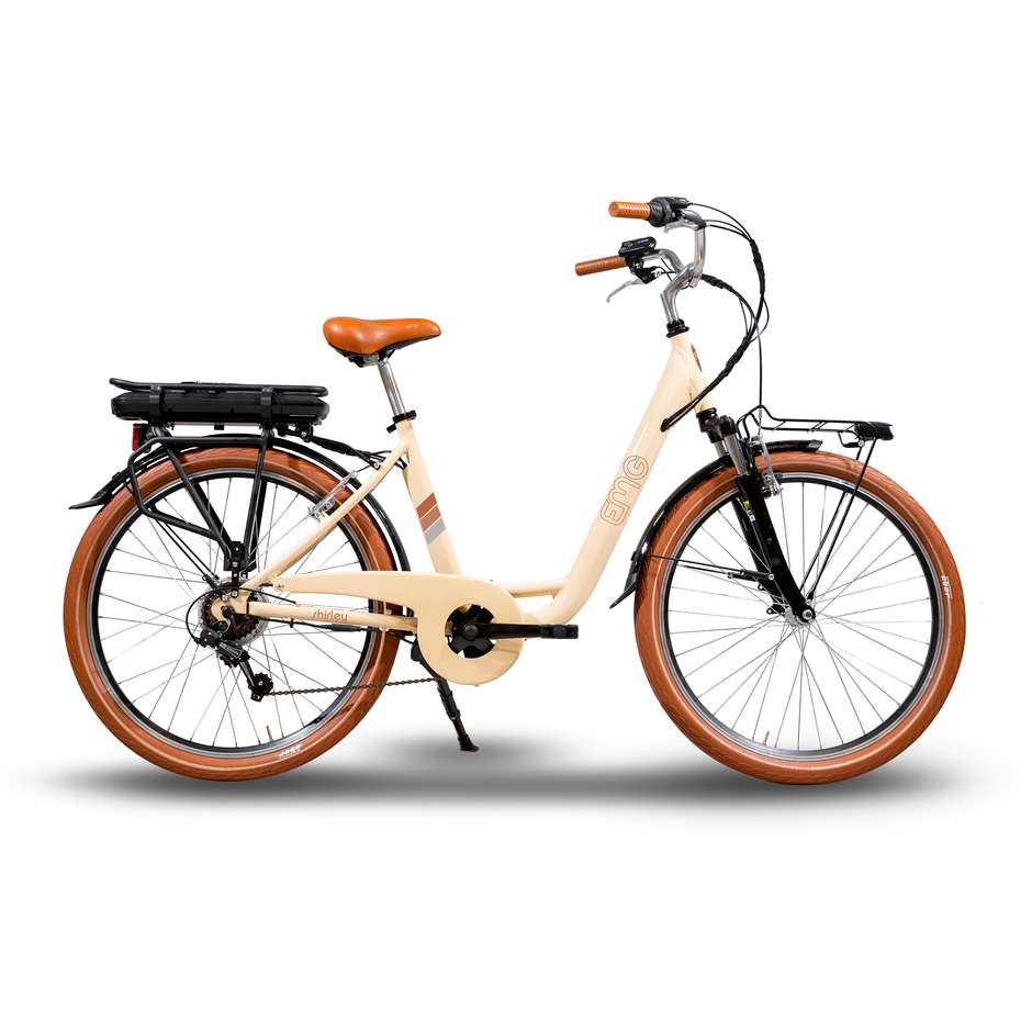 EMG Shirley E-Bike Vintage City 26" Motore 250W Batteria 36V Cambio Shimano 6V Cestino Crema/Verde