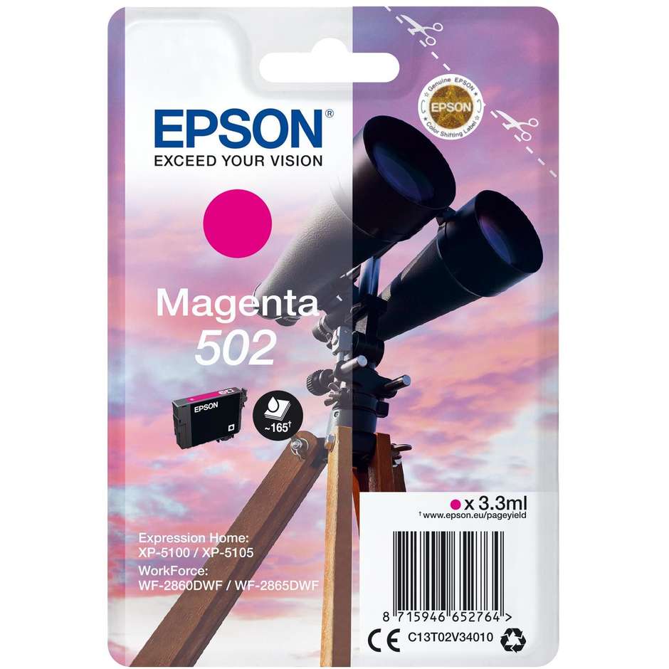 Epson 502 (C13T02V340) Cartuccia Inchiostro Originale Magenta Binocolo Formato Standard
