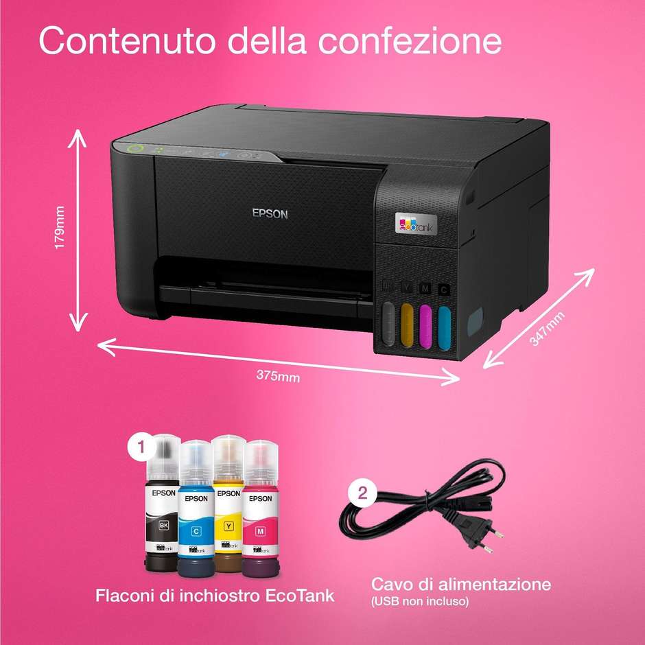 Epson EcoTank ET-2860 Stampante Ad inchiostro Multifunzione 3in1 Wi-Fi Formato A4 Colore Nero