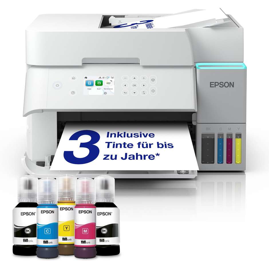 Epson EcoTank ET-3956 (C11CL43411) Stampante Multifunzione Inkjet 3-in-1 A4 a Serbatoi Ricaricabili ADF 30 Fogli Fronte/Retro Automatico PrecisionCore Display a Colori Wi-Fi Bianco