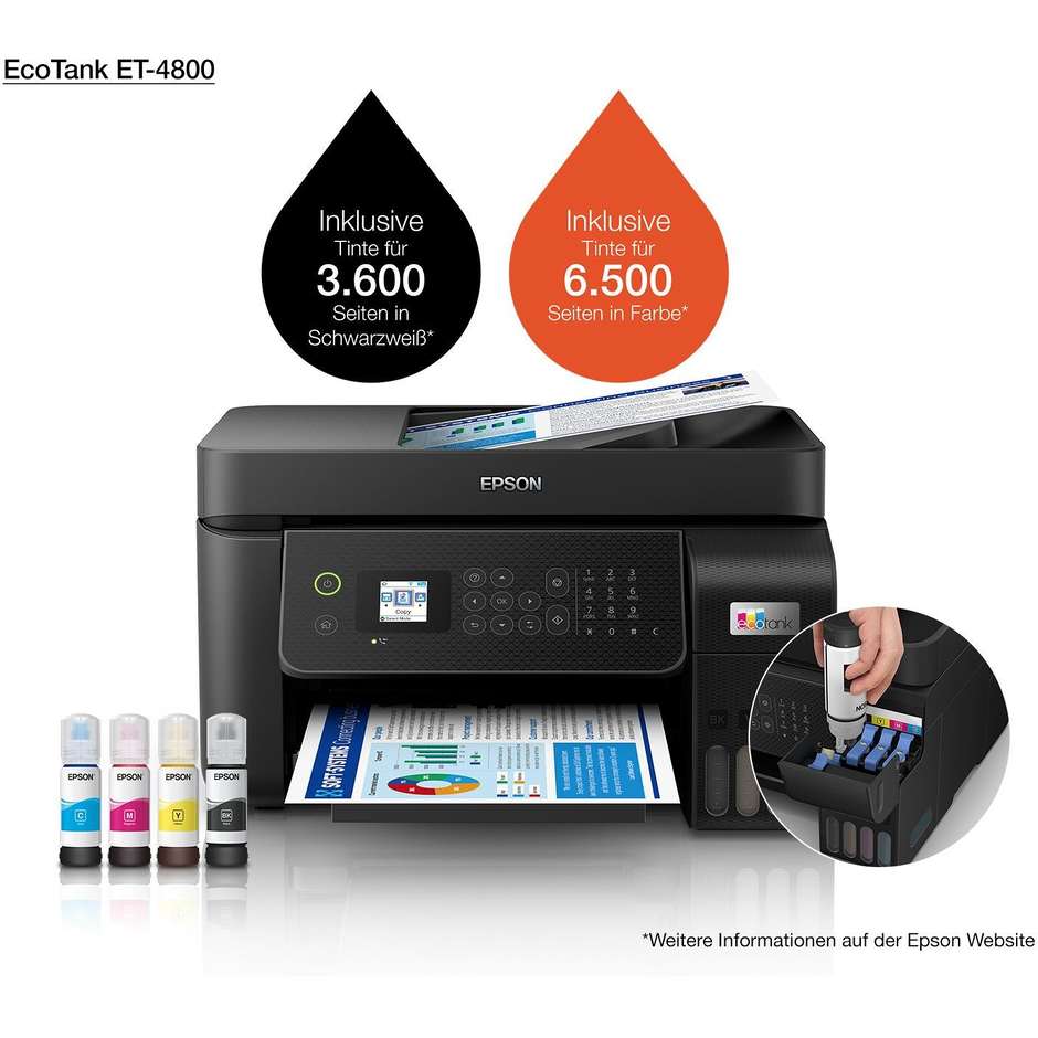 Epson EcoTank ET-4800 (C11CJ65402) Stampante Multifunzione Inkjet 4-in-1 A4 a Serbatoi Ricaricabili ADF 30 Fogli Display a Colori Wi-Fi Ethernet Fax Nero