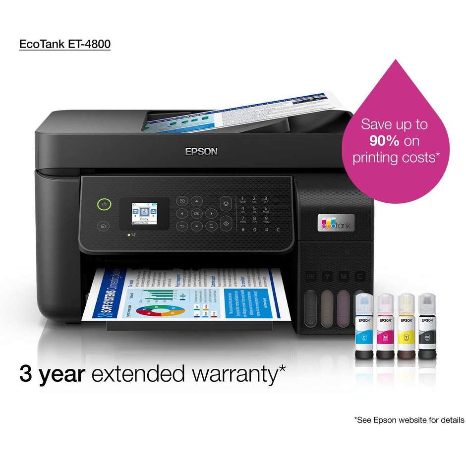 Epson EcoTank ET-4800 (C11CJ65402) Stampante Multifunzione Inkjet 4-in-1 A4 a Serbatoi Ricaricabili ADF 30 Fogli Display a Colori Wi-Fi Ethernet Fax Nero