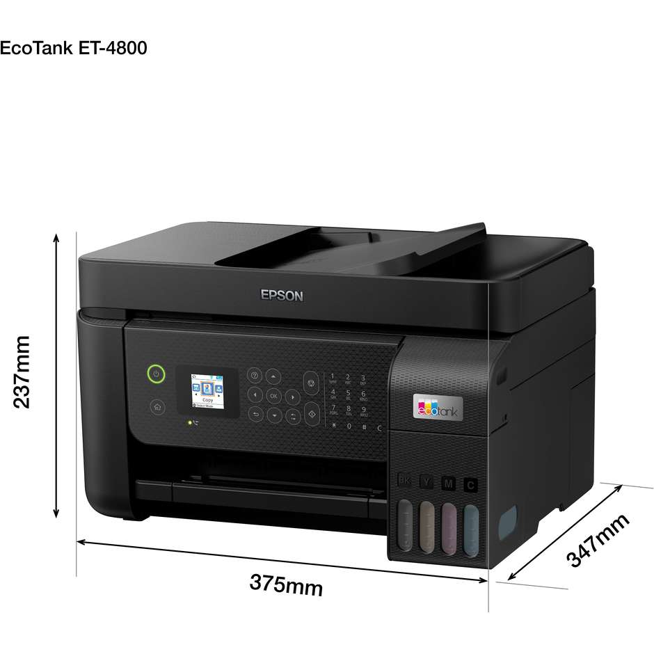 Epson EcoTank ET-4800 Stampante Multifunzione 4-in-1 Inkjet Serbatoi Ricaricabili ADF Fax A4 Wi-Fi Ethernet Nero