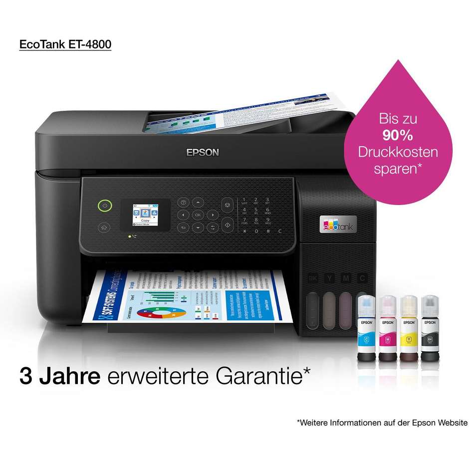 Epson EcoTank ET-4800 Stampante Multifunzione 4-in-1 Inkjet Serbatoi Ricaricabili ADF Fax A4 Wi-Fi Ethernet Nero