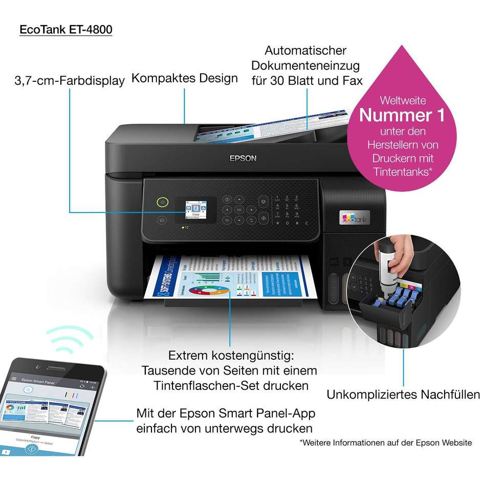 Epson EcoTank ET-4800 Stampante multifunzione inkjet 4-in-1 A4 Wi-FI Colore Nero