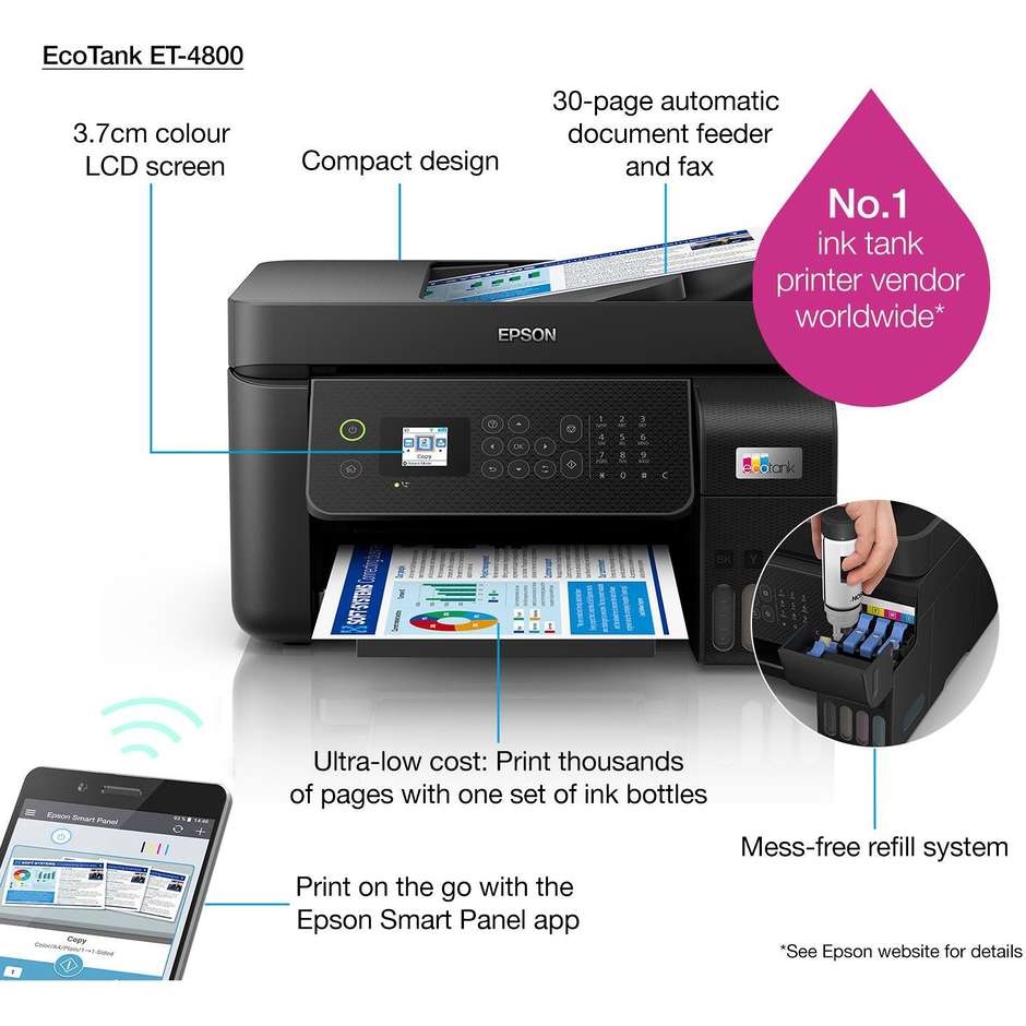 Epson EcoTank ET-4800 Stampante multifunzione inkjet 4-in-1 A4 Wi-FI Colore Nero