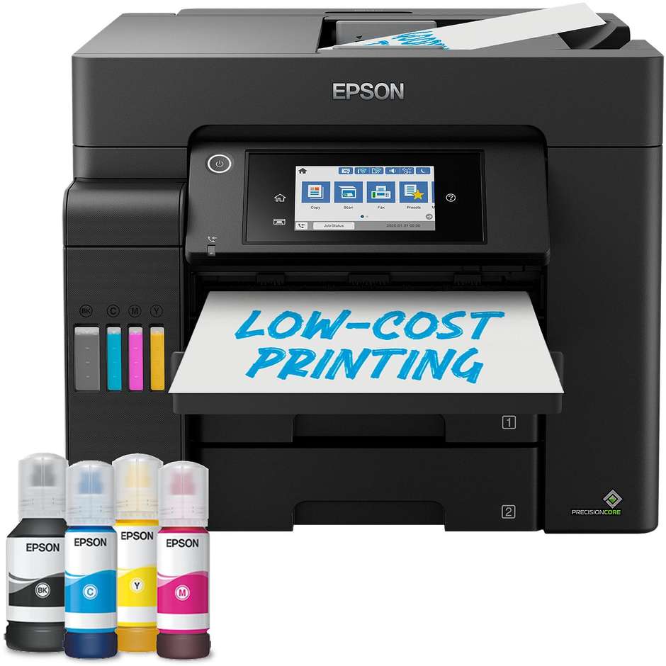 Epson EcoTank ET-5805 (C11CJ30405) Stampante Multifunzione Ink Tank Professionale A4 4-in-1 Fronte/Retro Totale PrecisionCore ADF 50 Fogli Touchscreen 10.9cm Doppio Cassetto 500 Fogli Wi-Fi Ethernet Fax Nero