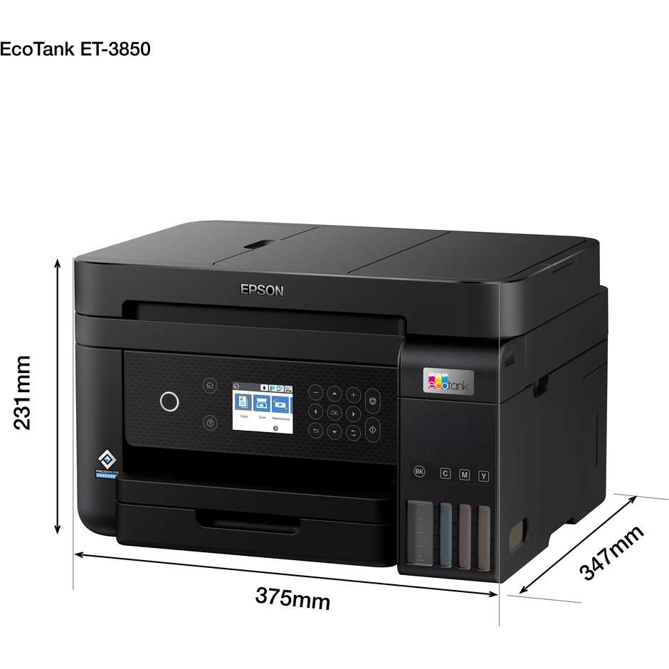 Epson ET-3850 Stampante Multifunzione a colori 3-in-1 Wi-Fi USB Formato A4 colore nero