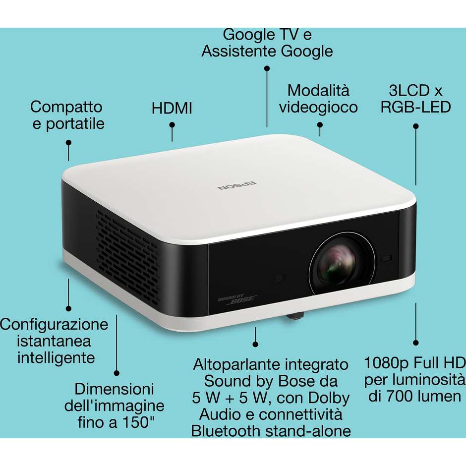 Epson Lifestudio Pop EF-61W Proiettore Full HD 700 lumen Google TV bianco diamante