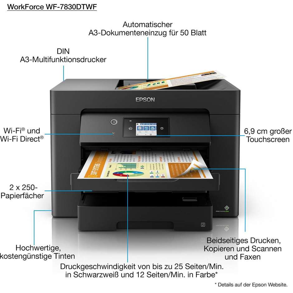Epson WorkForce WF-7830DTWF Stampante Multifunzione 4-in-1 Inkjet Aziendale Formato A3+ Fronte/Retro Totale ADF 50 Fogli Doppio Cassetto Wi-Fi Ethernet Nero
