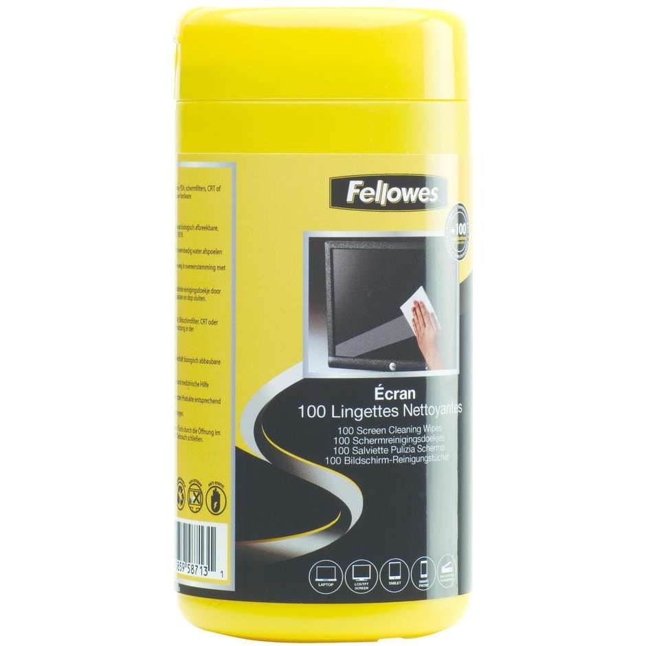 Fellowes 9970311 Salviette Detergenti Antistatiche per Schermi LCD TFT Plasma e Monitor Barattolo 100 Pezzi