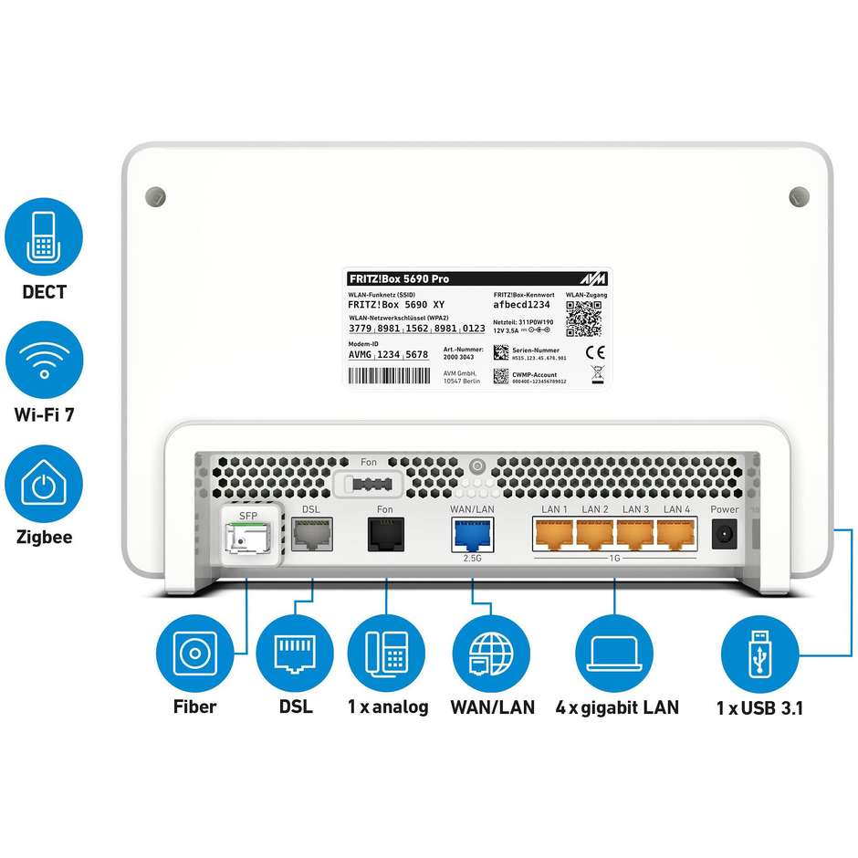 FRITZ!Box 5690 Pro International modem router Wi-Fi 7 tri-band con fibra SFP e DSL