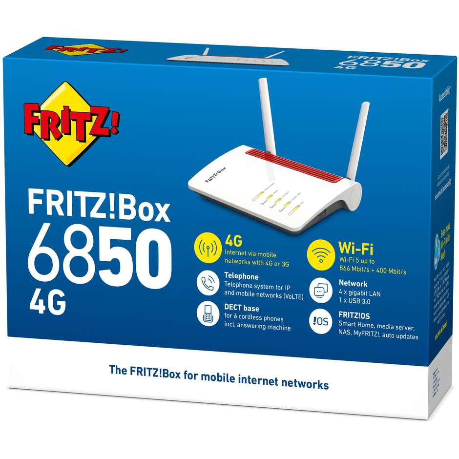 FRITZ!Box 6850 4G International Router Wi-Fi 5 Dual Band LTE Gigabit Bianco