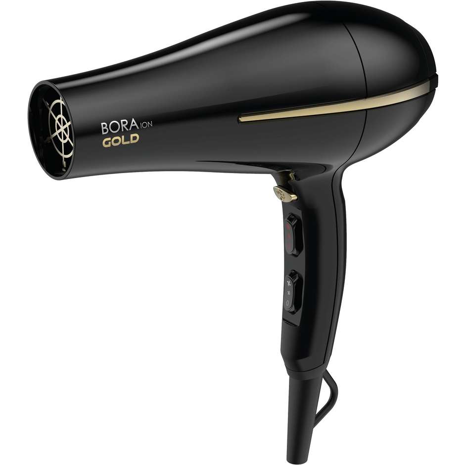 GA.MA Bora Ion Gold GH0825 Asciugacapelli Professionale 2200 W con Griglia Infusa all'Olio Essenziale Nero