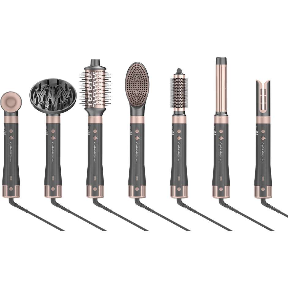 GA.MA UniQ Vibrance GH0114 Multistyler ad Aria Calda 1500 W con 8 Accessori Intercambiabili Grigio e Rosa