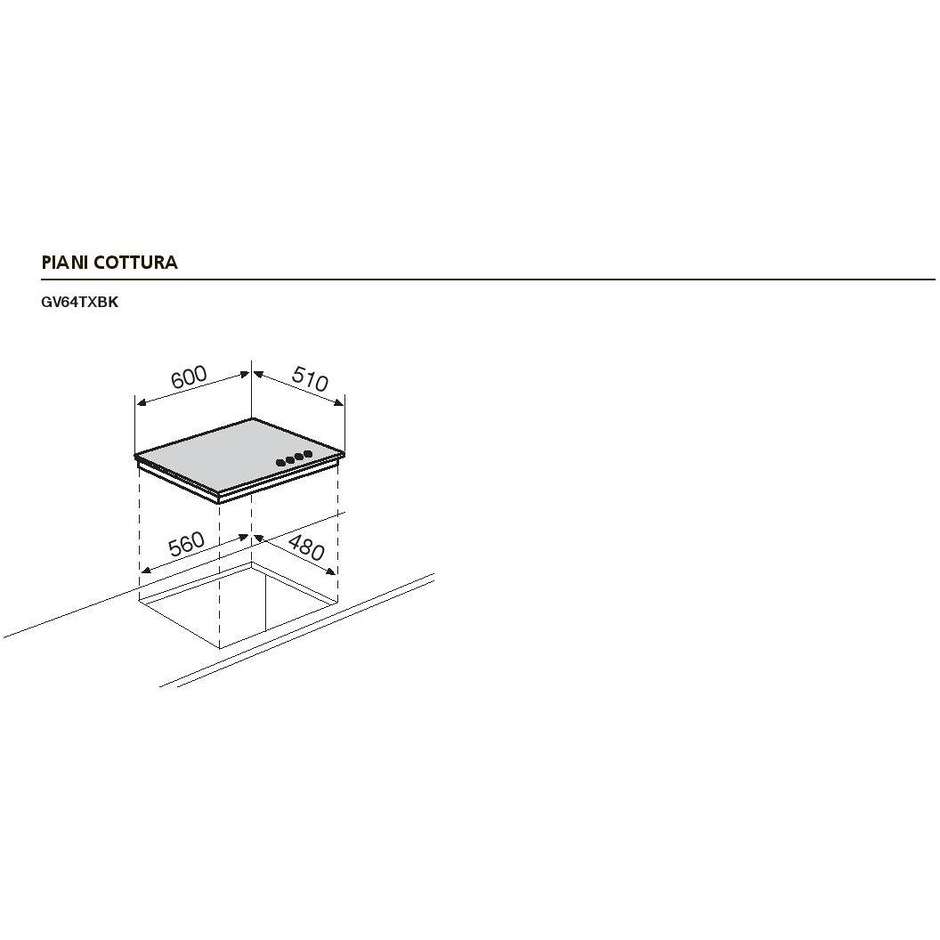 Glem Gas GV64TXBK Piano Cottura a Gas su Cristallo 60 cm 4 Fuochi con Bruciatore Wok 4000W Vetro Nero Griglie Ghisa