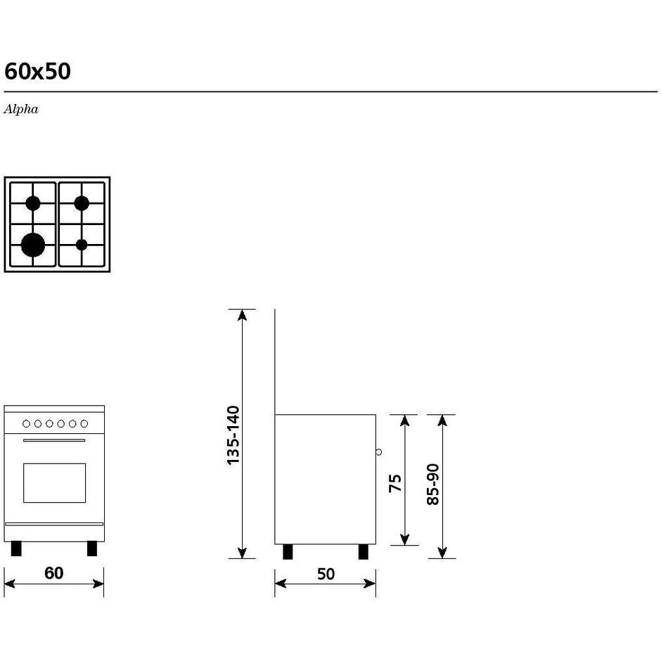 Glem Gas Serie Alpha A654MI6 Cucina 60x50 cm 4 Fuochi Gas Griglie Smaltate Forno Elettrico Multifunzione 54 L Classe A Inox