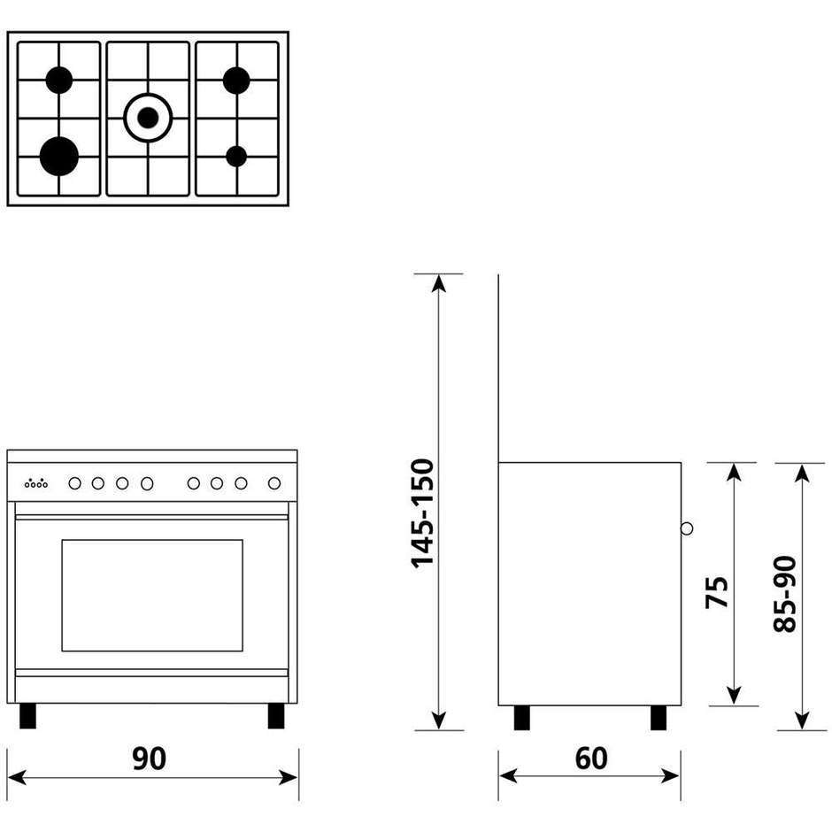 Glem Gas U965MI cucina 90x60 5 fuochi a gas forno elettrico multifunzione termoventilato 118 litri classe A colore inox