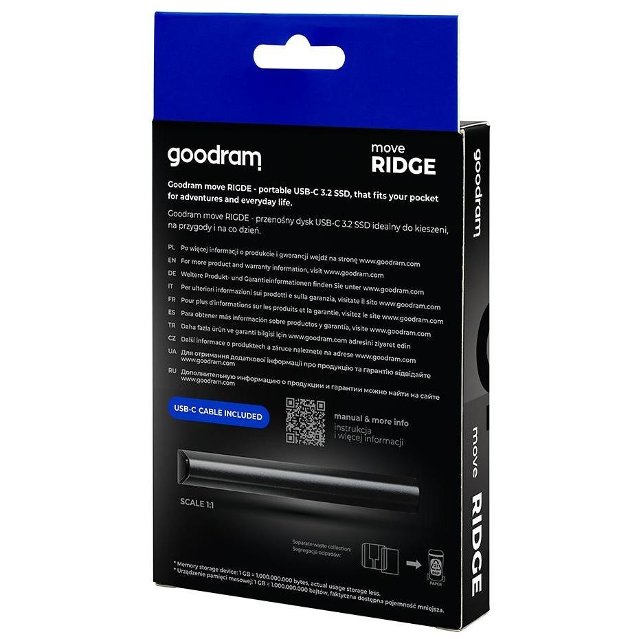 Goodram SSDR-GMRE-01T-K0 SSD Esterno 1TB USB 3.2 Nero