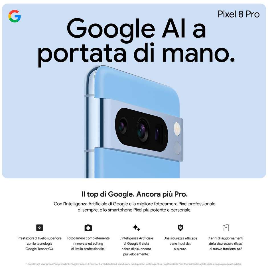 Google Pixel 8 Pro Smartphone 5G 6.7" OLED Ram 12 GB Memoria 128 GB Android Colore Azzurro cielo