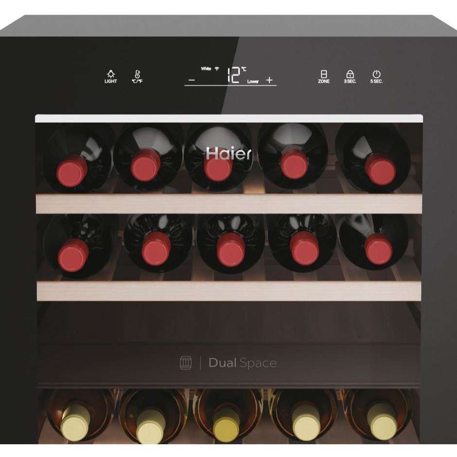 Haier Wine Bank 50 HWS42GDAU1 Cantinetta Vino Doppia Zona 42 Bottiglie Ripiani Legno Nero