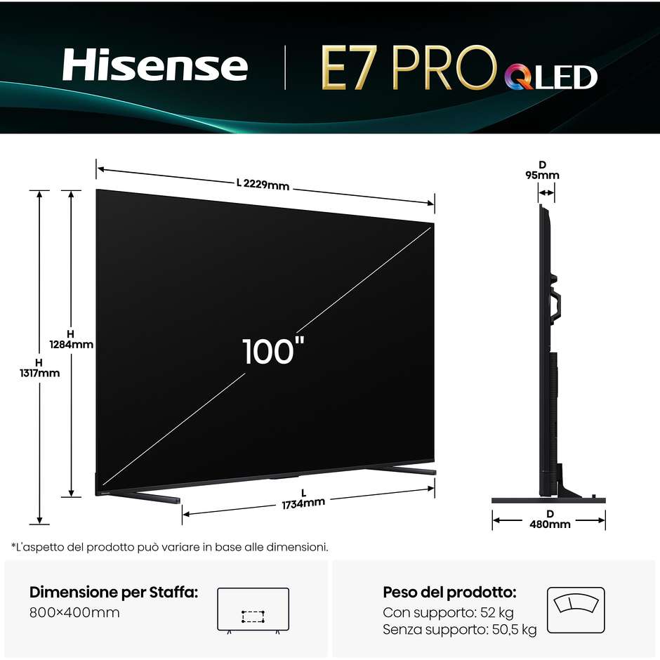 Hisense 100E7Q PRO TV QLED 100" 4K Ultra HD Smart TV Wi-Fi Classe E Colore Nero