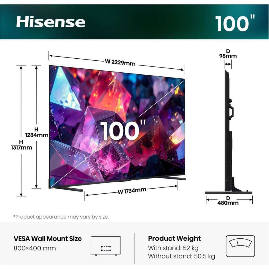 Hisense 100E7S PRO TV 100" 4K QLED 144 Hz Smart TV Nero