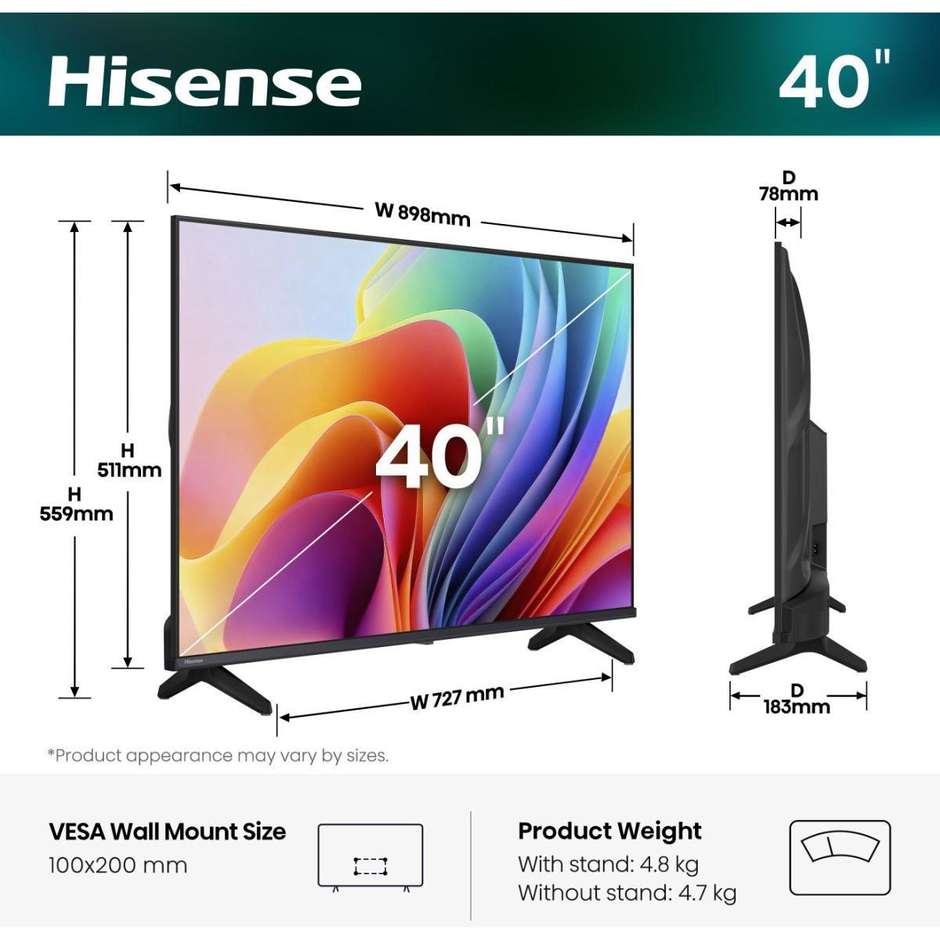 Hisense 40A49S TV Full HD 40" Smart TV VIDAA Wi-Fi DVB-T2 Nero