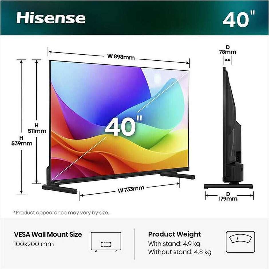 Hisense 40A59S Smart TV QLED 40" Full HD VIDAA HDR10+ Dolby Atmos Classe E