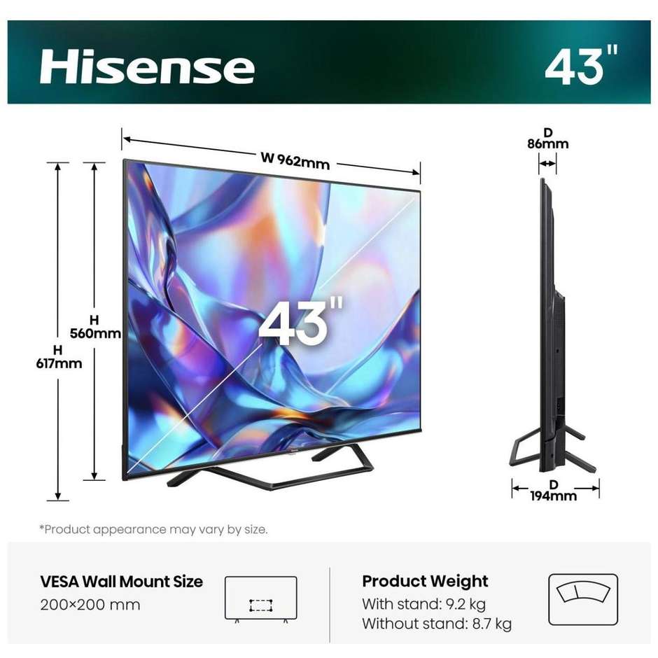 Hisense 43A79S TV QLED 43" 4K Ultra HD Smart TV Nero