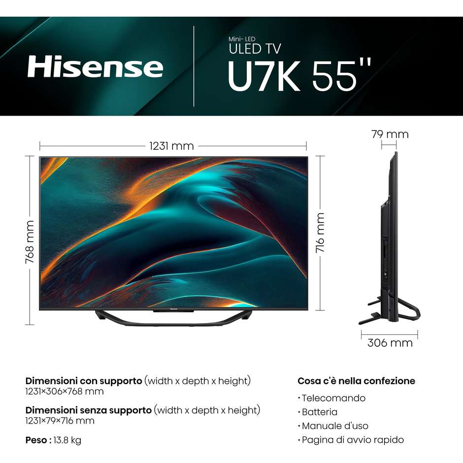 Hisense 55U79KQ TV ULED 55" 4K Ultra HD Smart TV Wi-Fi Classe F Colore Nero