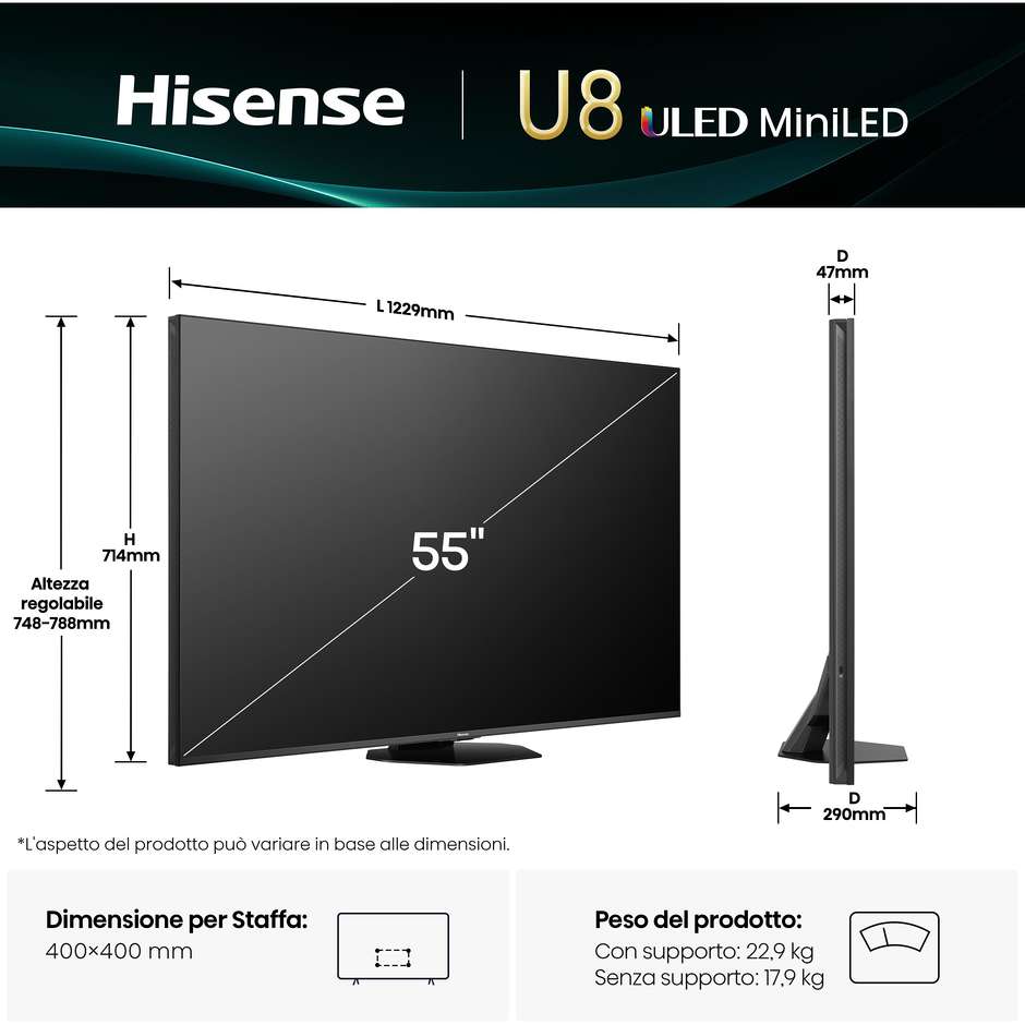Hisense 55U8Q Smart TV 55" ULED Mini LED QLED 4K 165Hz VIDAA Nero