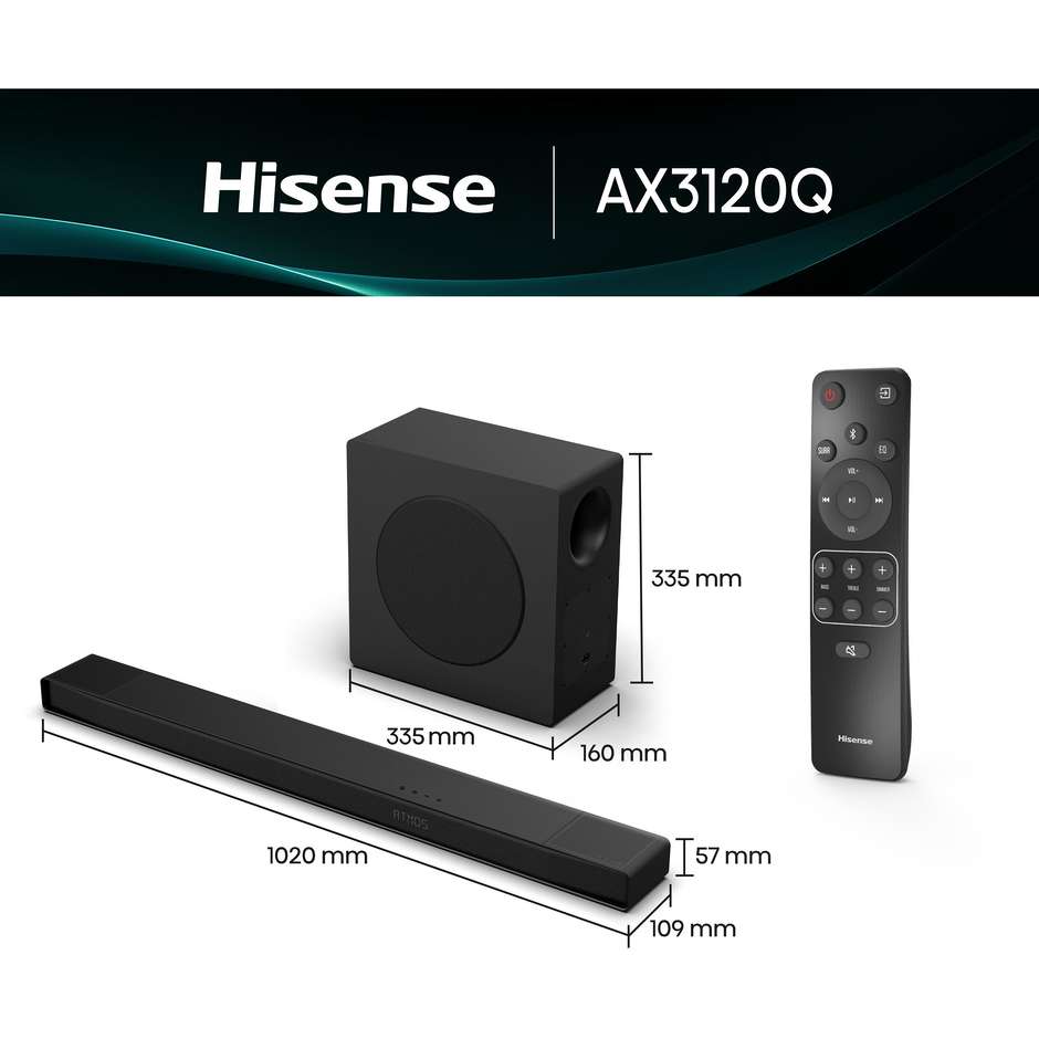 Hisense AX3120Q Soundbar 3.1.2 Canali 440 W Dolby Atmos DTS:X Nero