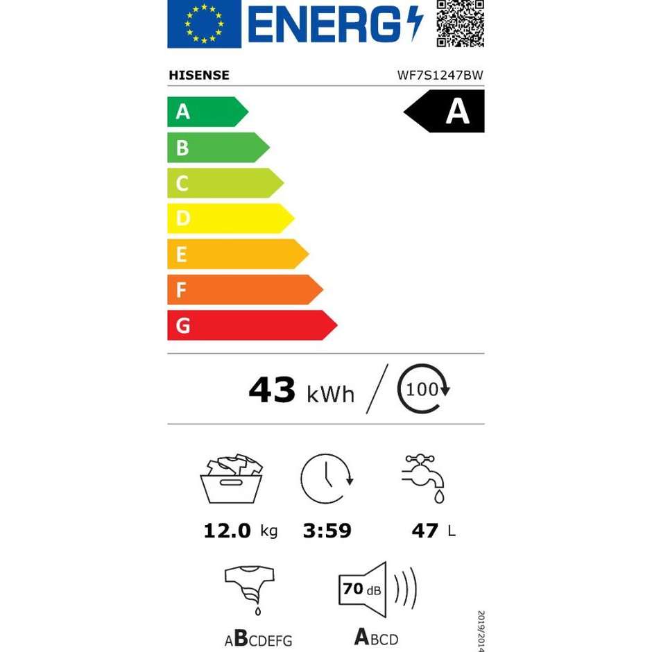 Hisense WF7S1247BW Lavatrice Carica frontale Capacita 12 Kg 1400 Giri/min Classe A Colore Bianco