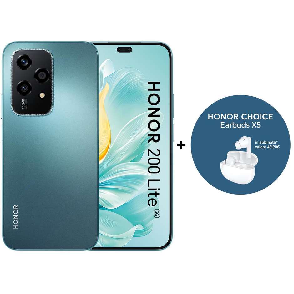 Honor 200 Lite Smartphone 5G 6,7" Ram 8 Gb Memoria 256 Gb Android colore ciano + Auricolari Bluetooth